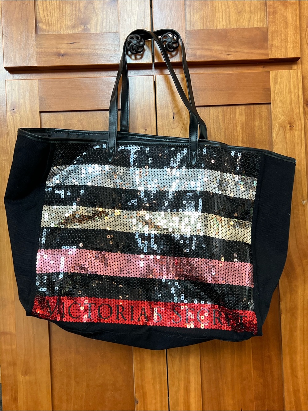 Victoria's Secret Black Tote with Silver, Gold, Pink and Red Sequin Stripes